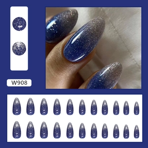 Blue glitter almond press-on nails with silver galaxy gradient effect, 24 piece set