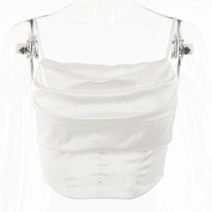 Detailed view of white satin cowl neck top with elegant draped folds and waist fit