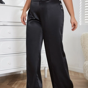 Pantalon large en satin noir taille haute pour femmes avec boutons argentés sur le côté