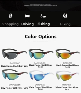 Detailed grid of sports sunglasses in six different lens colors and frame finishes