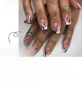 Short square press-on nails with pink base, white French tips and black geometric lines