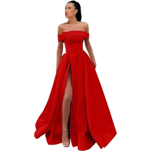 Detail of red satin off-the-shoulder evening gown featuring a high slit and waist design