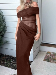 Elegant brown off-shoulder evening dress with sheer mesh panel and draped long skirt