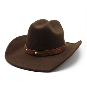 Top view of a brown felt wide-brim cowboy hat featuring a studded leather band