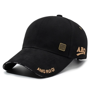Men's black baseball cap with gold embroidery and metal logo shown from a 45-degree angle