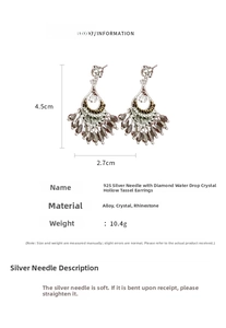 Detailed view of ethnic fan-shaped fringe earrings with crystal drops and 925 silver pins