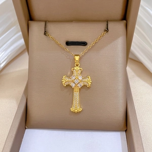 Collana Pendente Croce Strass Zircone Catena Acciaio Inossidabile Rame Elegante Gioielli Lusso Per Donna Placcato Oro