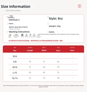 Size information and measurement guide for contrast strap yoga sports bra with nylon fabric
