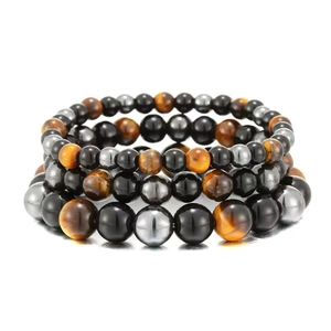 Natural Tiger Eye Hematite Black Agate Beaded Bracelet Round Stone Elastic Healing Jewelry For Men Women Couple