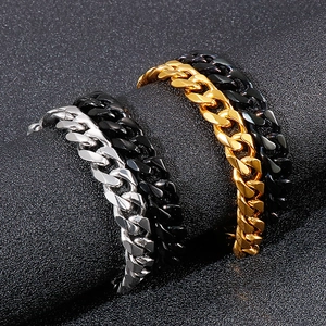 Men's double-layered Cuban chain bracelet set in gold, silver, and black polished finish
