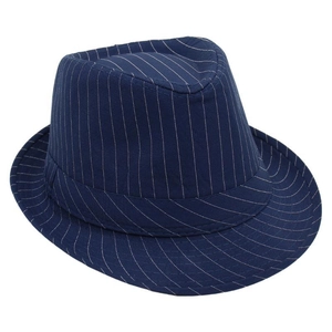 Detail of navy blue pinstripe fedora hat featuring classic indented crown and brim