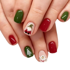 Kurze quadratische Weihnachts-Nägel zum Aufkleben mit Weihnachtsmann- und Schneemann-Motiv