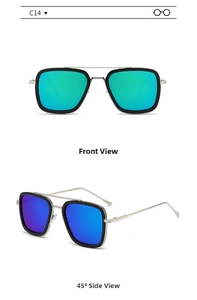 Detail of square pilot sunglasses with dual-tone metal frame and colorful tinted lenses
