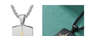Detail of silver and black shield pendants with golden octagram on box chain