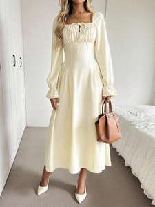 Elegant Square Neck Midi Dress Lace Up Front Long Sleeve High Waist A Line Texture Fabric Solid Color For Women