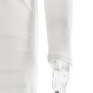 Close-up of white long sleeve cuff stitching on women's stretch knit dress