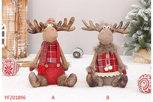 Close-up of red plaid Christmas elk plush dolls with telescopic legs and lace details