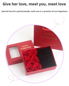 Red jewelry gift box with six soap roses and LOVE FOREVER gift bag for Valentine