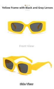 Front and side views of stylish yellow thick frame sunglasses with dark grey lenses