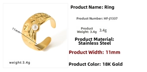 Detail view of 11mm textured 18K gold stainless steel ring with pearl inlay specs