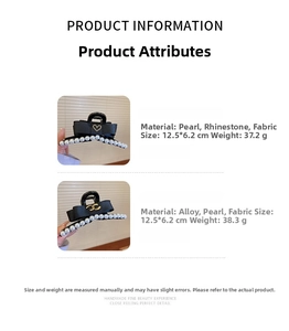 Detailed size and material chart for large black bow hair clips with pearls and rhinestones