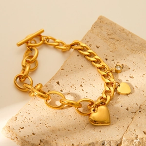 Heart Pendant Bracelet Stainless Steel 18K Gold Plated Cubic Zirconia Cuban Chain Toggle Clasp Fashion Jewelry