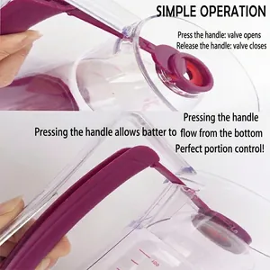 Handheld batter dispenser with purple handle and measuring marks for cupcake baking