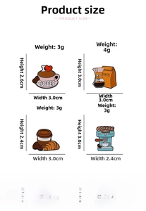 Detailed size chart for coffee theme enamel pins showing dimensions and alloy materials