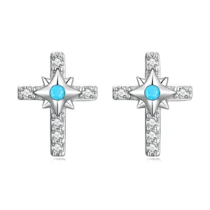 S925 sterling silver cross stud earrings with turquoise stones and white cubic zirconia