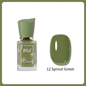 Detail showing 14ml Sprout Green nail polish bottle with matching color swatch display