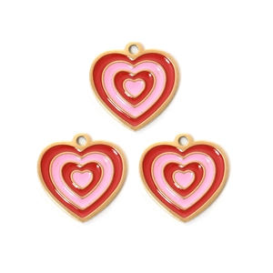 Three pink and red enamel heart charms in 304 stainless steel with golden metal edges