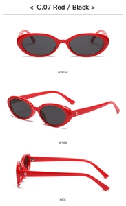 Detailed views of red oval sunglasses with dark lenses and silver metal dot accents