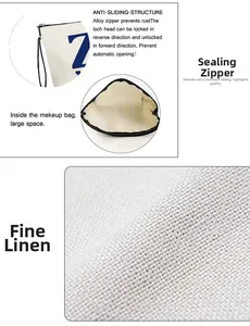 Detail of durable linen cosmetic bag with alloy zipper and spacious interior layout