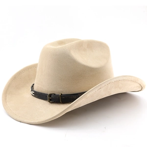 Close-up of the vintage leather belt and metal buckle on the beige suede cowboy hat