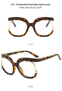 Detail of oversized tortoiseshell blue light glasses with gold metal and flat lens