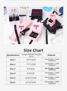 Size chart table for ribbon flip boxes with dimensions and materials for six box models