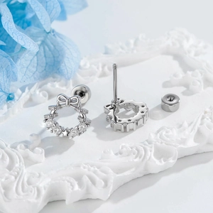 Elegant silver bow zircon wreath earrings with screw back design for cartilage piercing