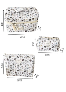 Three-piece set of quilted cartoon dog makeup bags in various sizes with handles