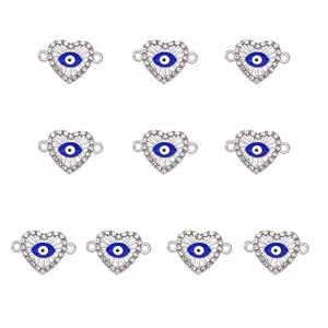Detail of 10 heart-shaped devil eye connectors with blue accents and sparkling crystals