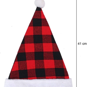 Red and black plaid Santa hat with white faux fur trim and pom pom, 41 cm height