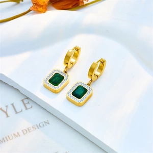 Elegant emerald green zircon pendant earrings with gold finish and diamond halo decor