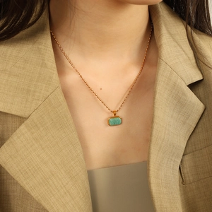 Waterproof gold titanium steel necklace with natural green amazonite stone pendant