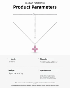 Detail of S925 sterling silver necklace featuring pink clover pendant and 5A zircon stone