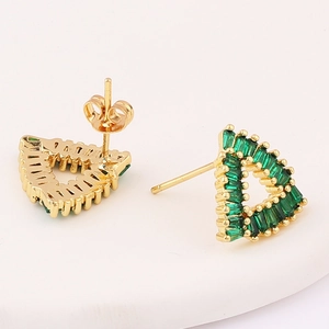 Triangle earrings with emerald green rectangular cut stones in gold-plated settings