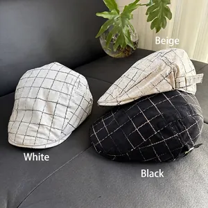 Linen blend plaid flat caps for men in white, black and beige breathable cotton fabric
