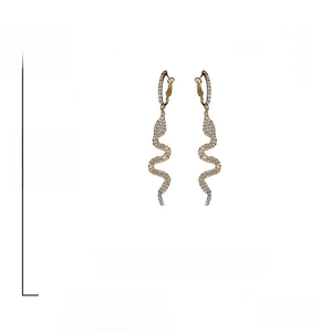 Detail view of long snake drop earrings with crystals, 8.8cm length and silver needles