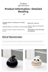 Detailed view of black and white ceramic ghost candle holders for Halloween decor