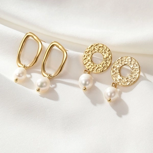 Stainless Steel Freshwater Pearl Drop Earrings Geometric Irregular Hoop Hammered Vintage Style Gold Tone Women Jewelry