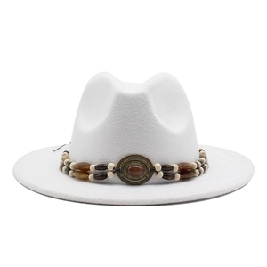 Elegant white fedora hat with a wide brim and decorative beaded band for women