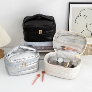 Three-piece quilted pearl luster makeup bag set with top handle and golden zippers